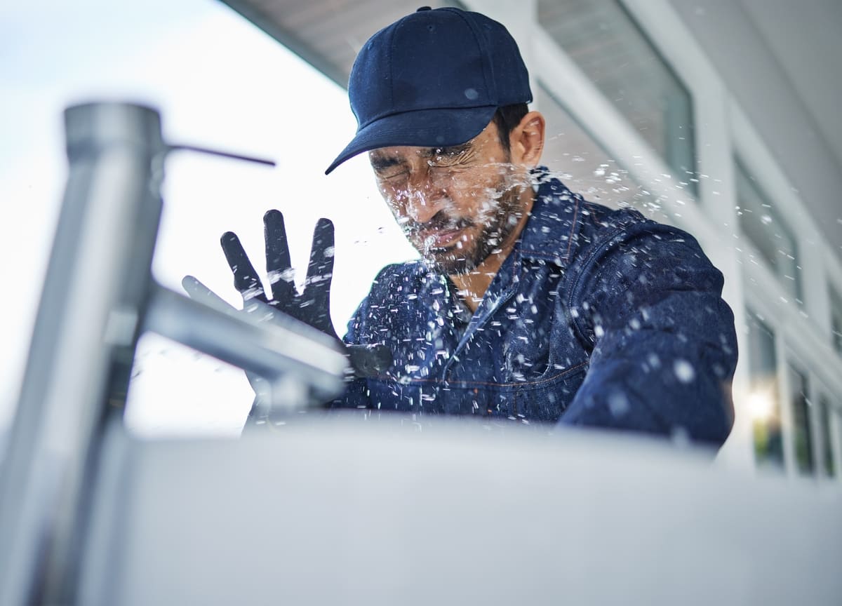 Kodukindlustuse vastutuskindlustus - torumees ja purskav vesi